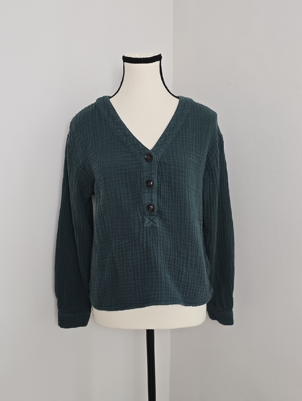 Madewell Dark Teal Cotton Gauze Lightspun Evert V-Neck Button Top